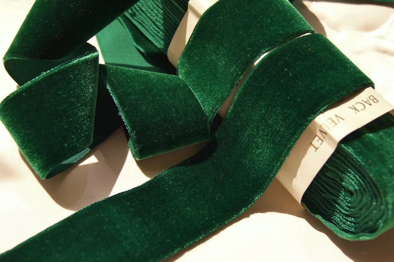 Hunter Green Velvet Ribbon Vintage from France 36mm