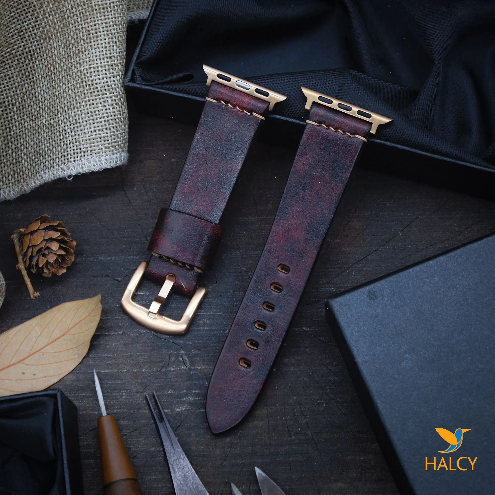 Italian Vegetable tanned Cowhide Leather Watch Band Fit for Apple watch Series 8, 7, 6, 5, 4, 3 :Choice of adapters and buckle color