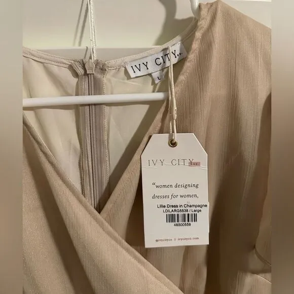 Ivy City Co Lillie dress champagne gold v-neck midi chiffon tulip short sleeve L