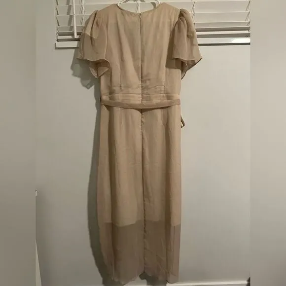 Ivy City Co Lillie dress champagne gold v-neck midi chiffon tulip short sleeve L