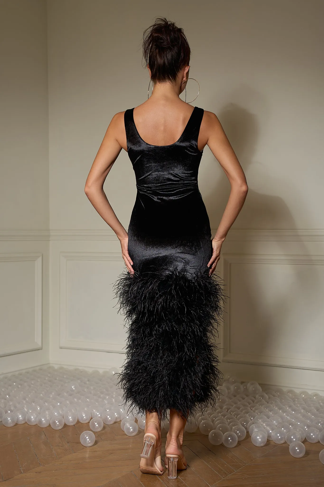 Janna Velvet Feather Hem Maxi Dress