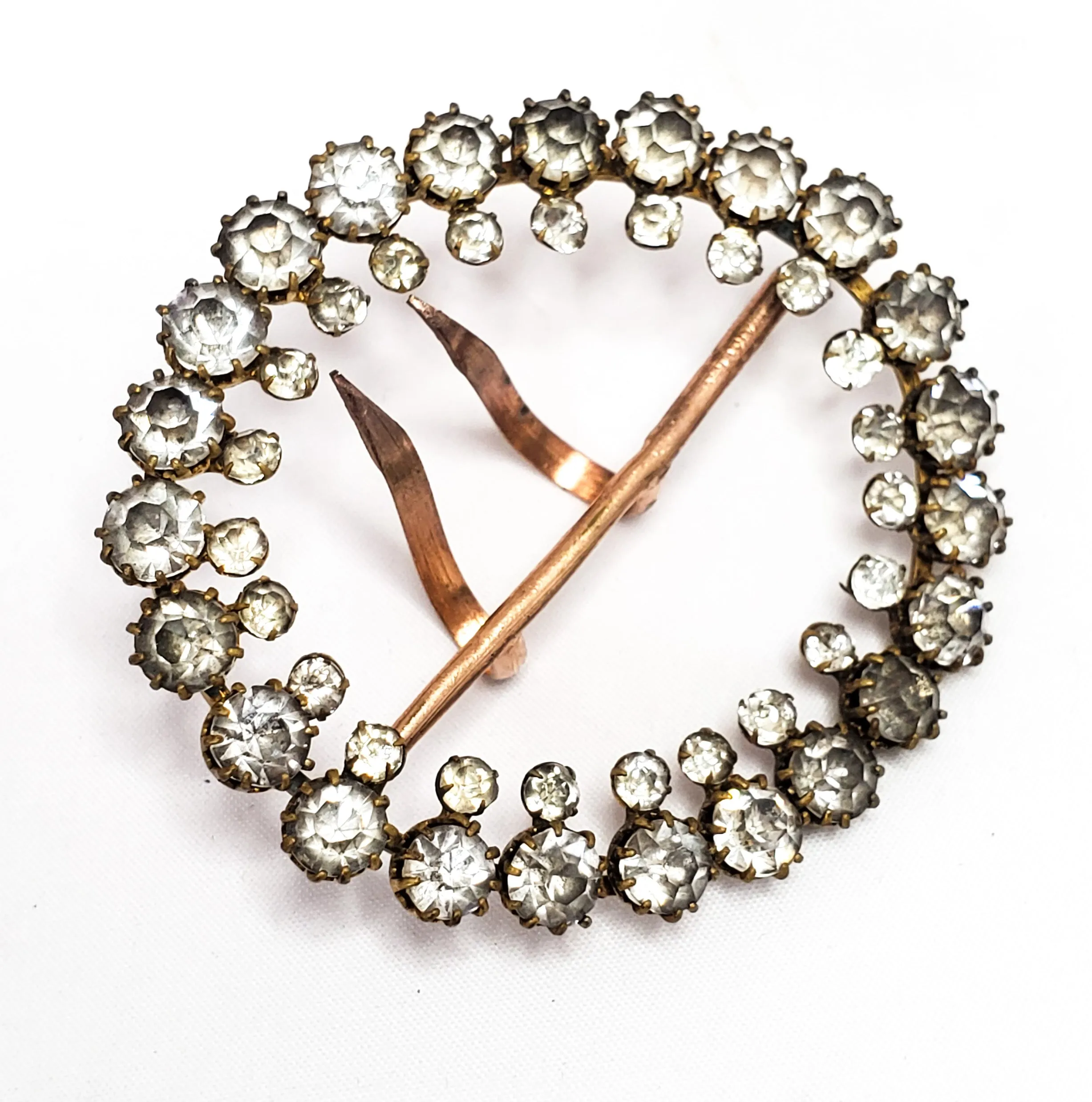 Large antique Victorian clear paste double row round rhinestone sash buckle