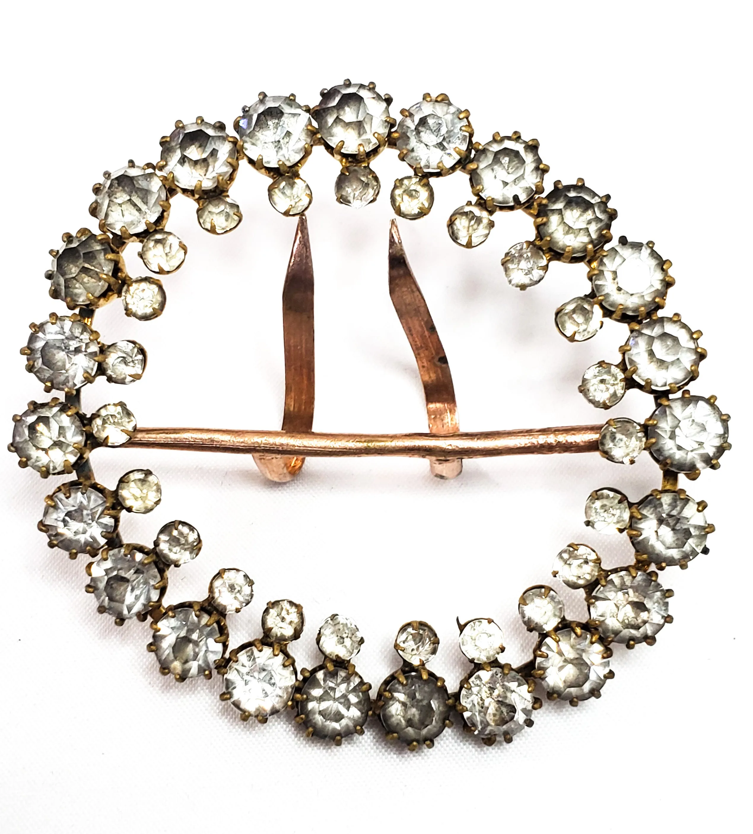 Large antique Victorian clear paste double row round rhinestone sash buckle