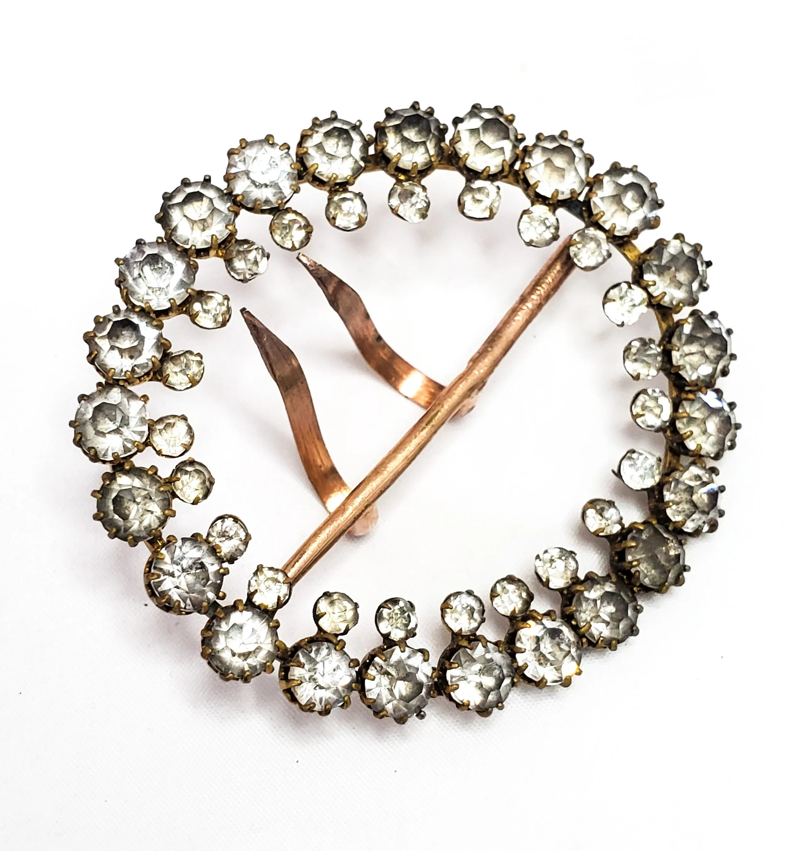 Large antique Victorian clear paste double row round rhinestone sash buckle