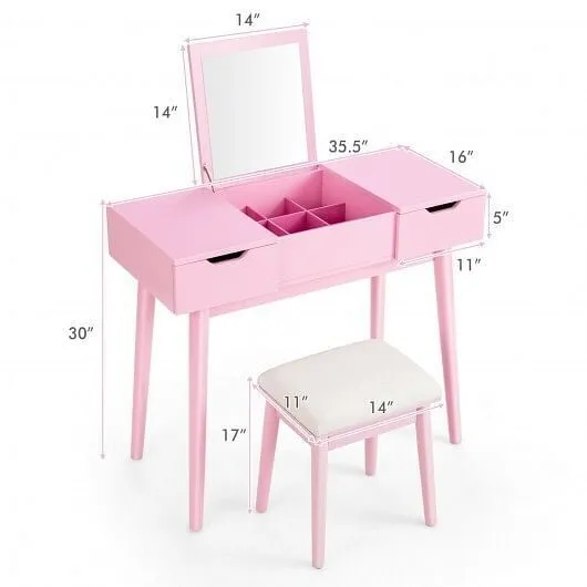 Makeup Vanity Table Set with Flip Top Mirror and 2 Drawers-Pink - Color: Pink