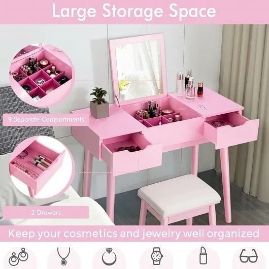 Makeup Vanity Table Set with Flip Top Mirror and 2 Drawers-Pink - Color: Pink
