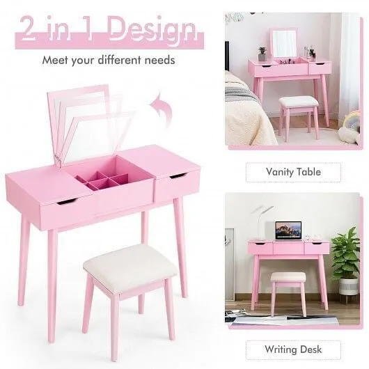 Makeup Vanity Table Set with Flip Top Mirror and 2 Drawers-Pink - Color: Pink