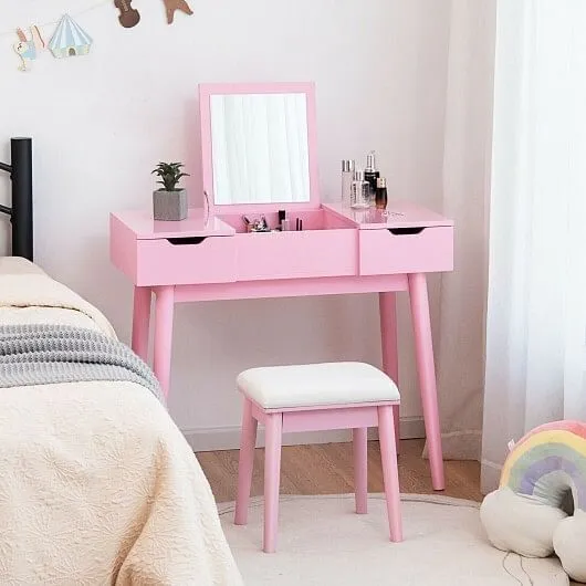 Makeup Vanity Table Set with Flip Top Mirror and 2 Drawers-Pink - Color: Pink