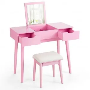 Makeup Vanity Table Set with Flip Top Mirror and 2 Drawers-Pink - Color: Pink