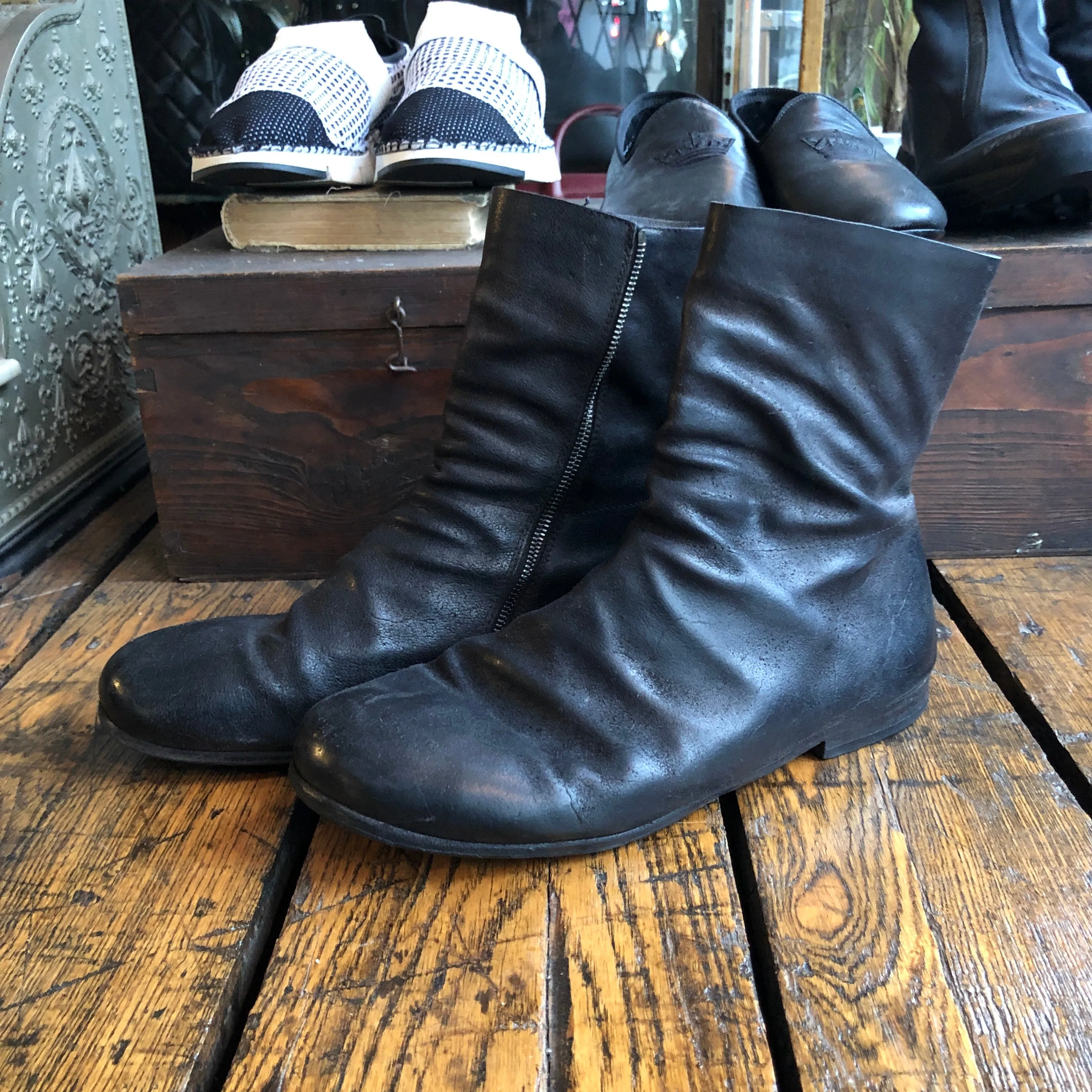 Marsell Black Waxed Suede Side Zip Distressed Boot - 10.5