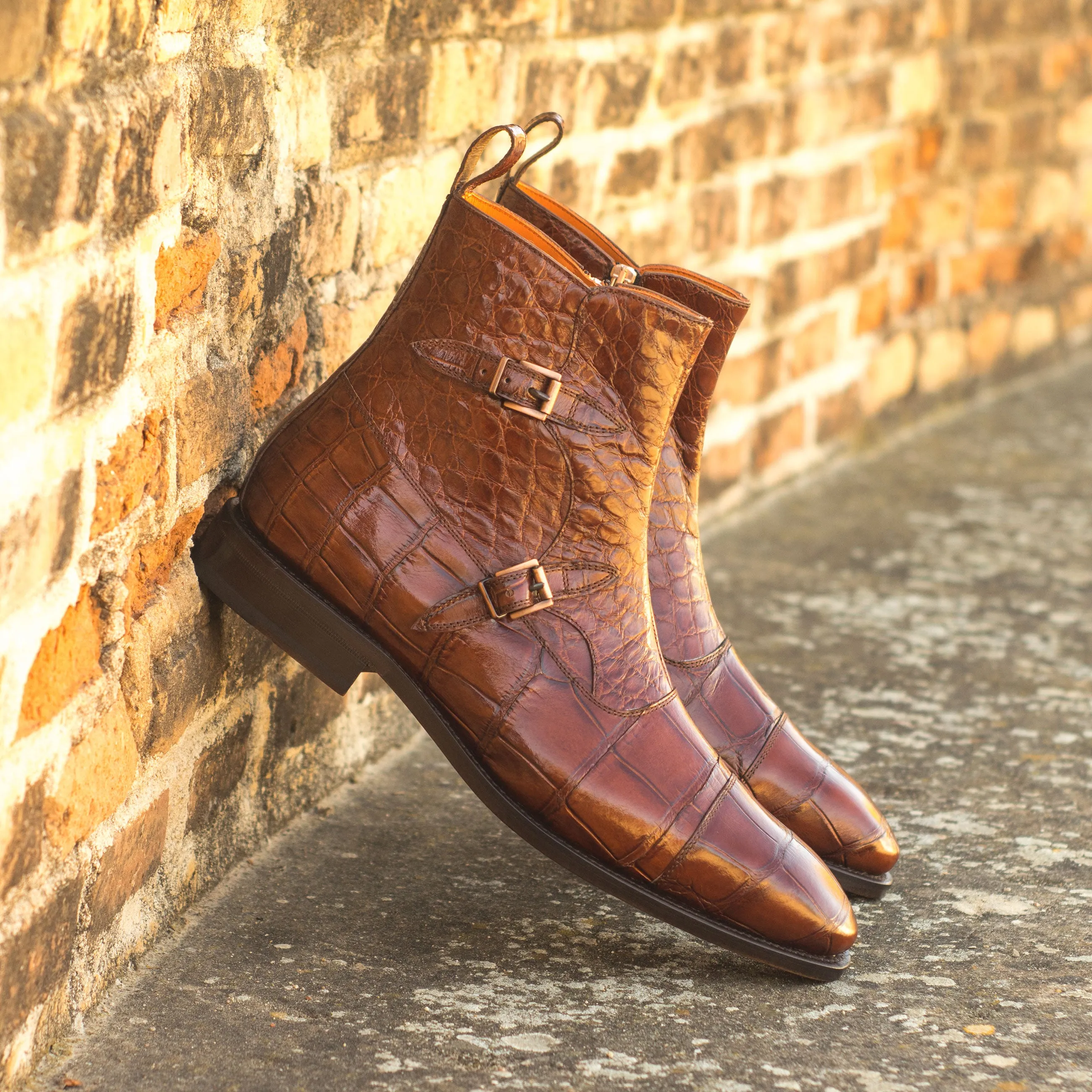 Medium Brown Alligator Double Monk Boots