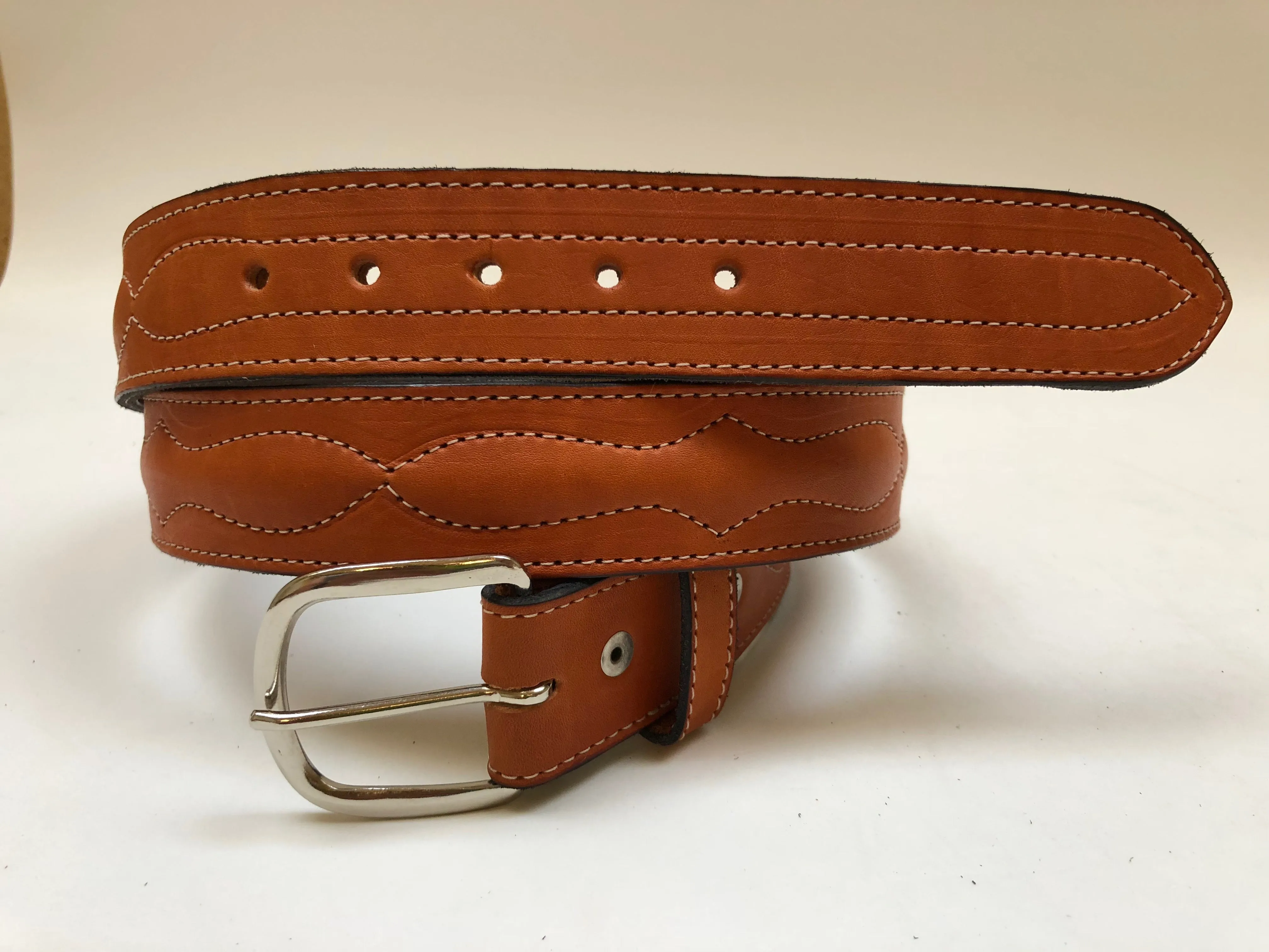 Men's Tan Sewn Cushioned Leather Belt with Silver Tone Buckle 42A9