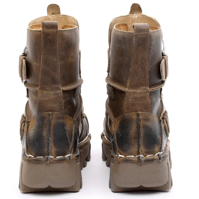 Men's Vintage & Unique Look Genuine Leather Ankle Motorcycle Military Combat Boots with Skull