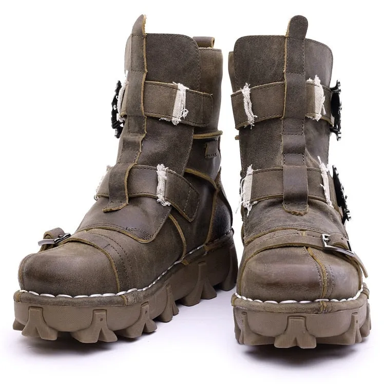 Men's Vintage & Unique Look Genuine Leather Ankle Motorcycle Military Combat Boots with Skull