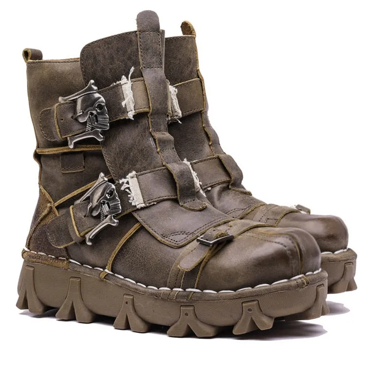 Men's Vintage & Unique Look Genuine Leather Ankle Motorcycle Military Combat Boots with Skull