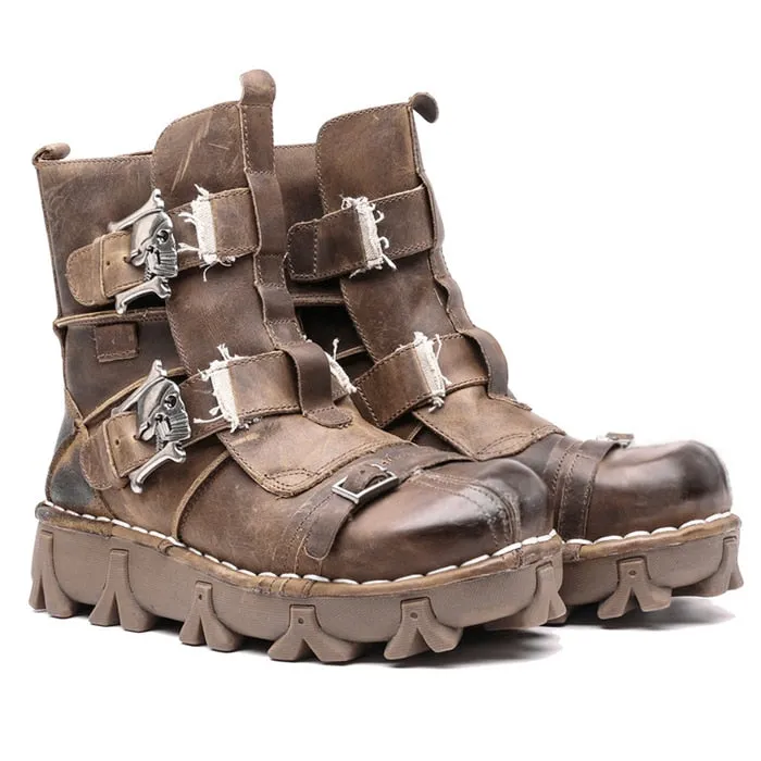 Men's Vintage & Unique Look Genuine Leather Ankle Motorcycle Military Combat Boots with Skull