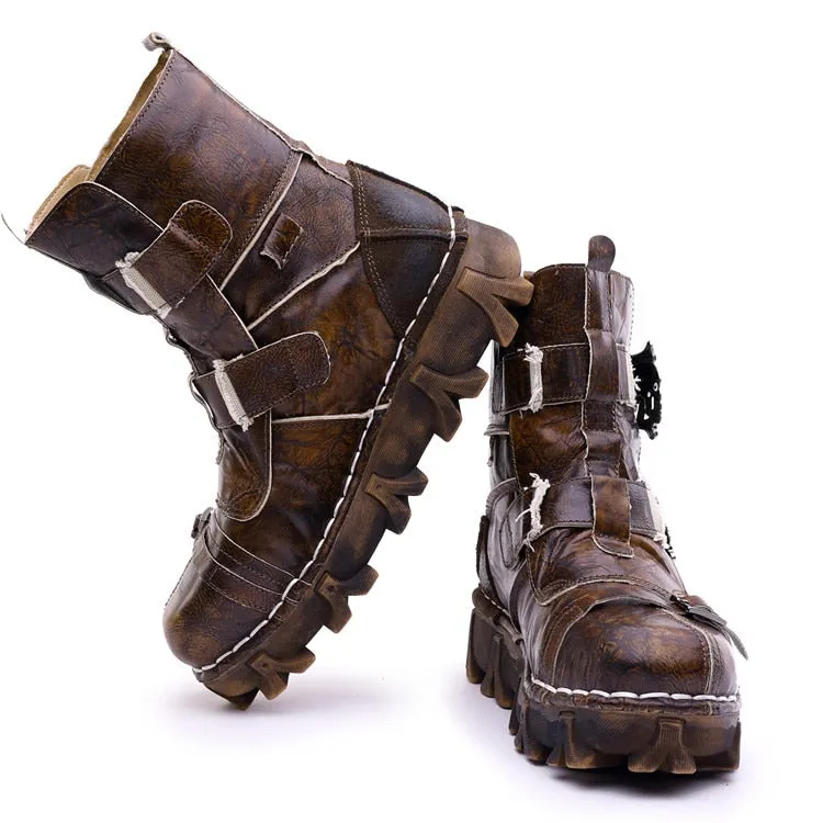Men's Vintage & Unique Look Genuine Leather Ankle Motorcycle Military Combat Boots with Skull
