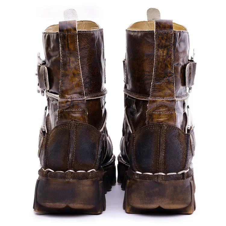 Men's Vintage & Unique Look Genuine Leather Ankle Motorcycle Military Combat Boots with Skull