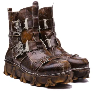Men's Vintage & Unique Look Genuine Leather Ankle Motorcycle Military Combat Boots with Skull