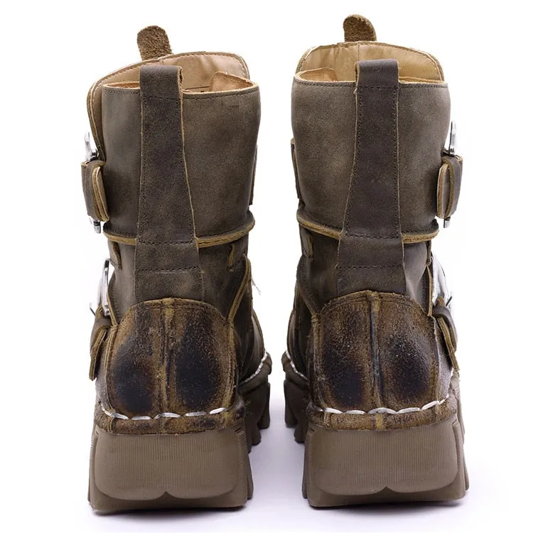 Men's Vintage & Unique Look Genuine Leather Ankle Motorcycle Military Combat Boots with Skull