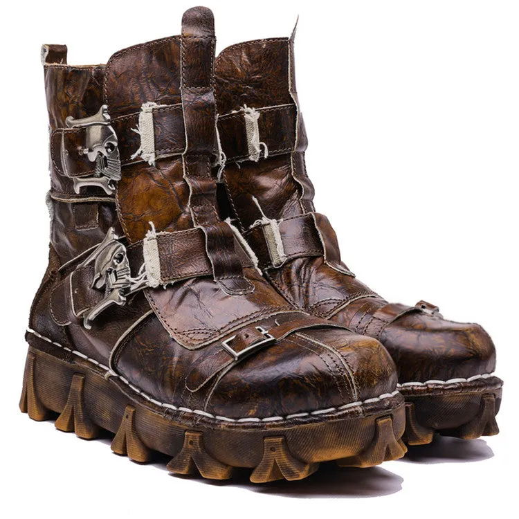 Men's Vintage & Unique Look Genuine Leather Ankle Motorcycle Military Combat Boots with Skull