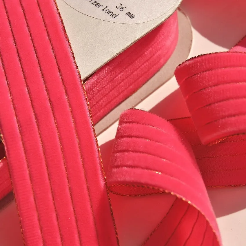 Metallic Gold Hot Pink Striped Velvet Ribbon Vintage from Switzerland 36mm