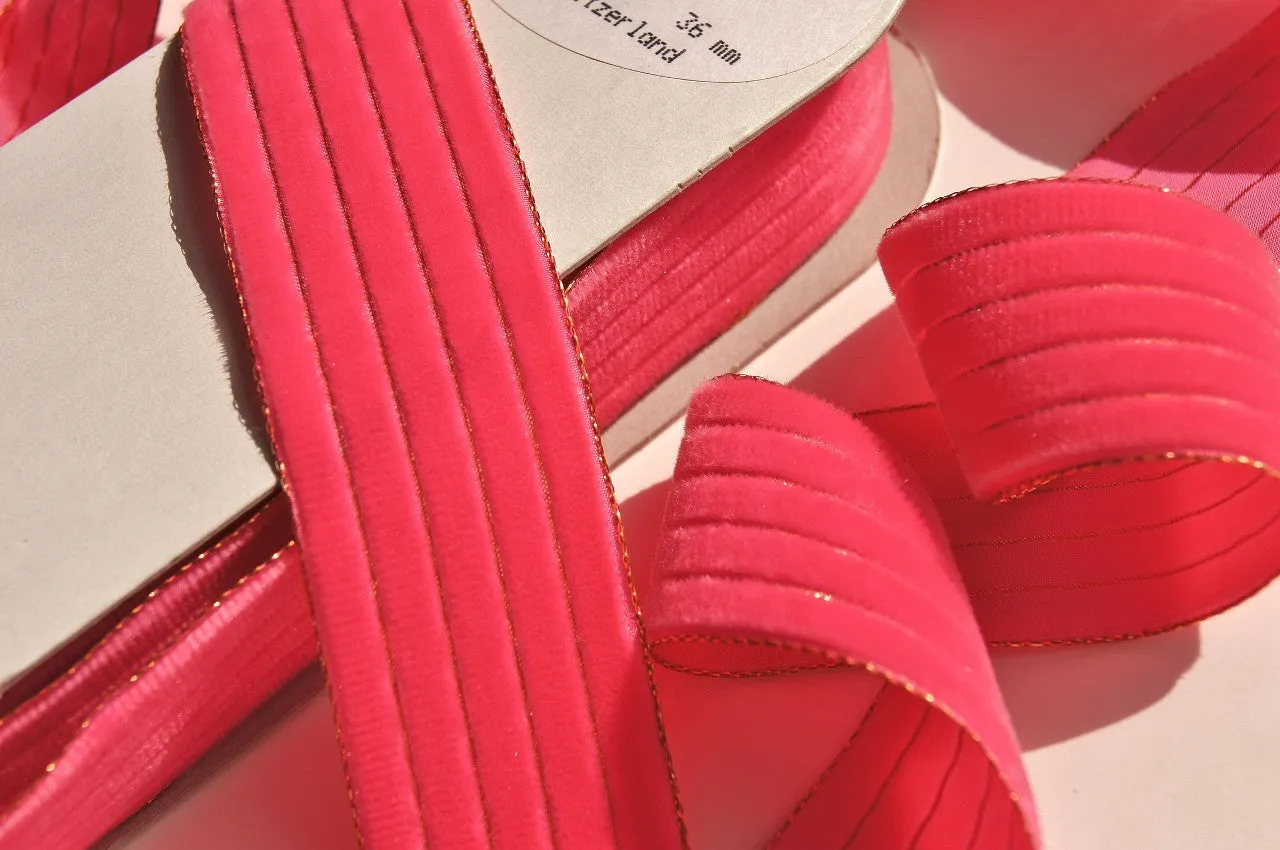 Metallic Gold Hot Pink Striped Velvet Ribbon Vintage from Switzerland 36mm