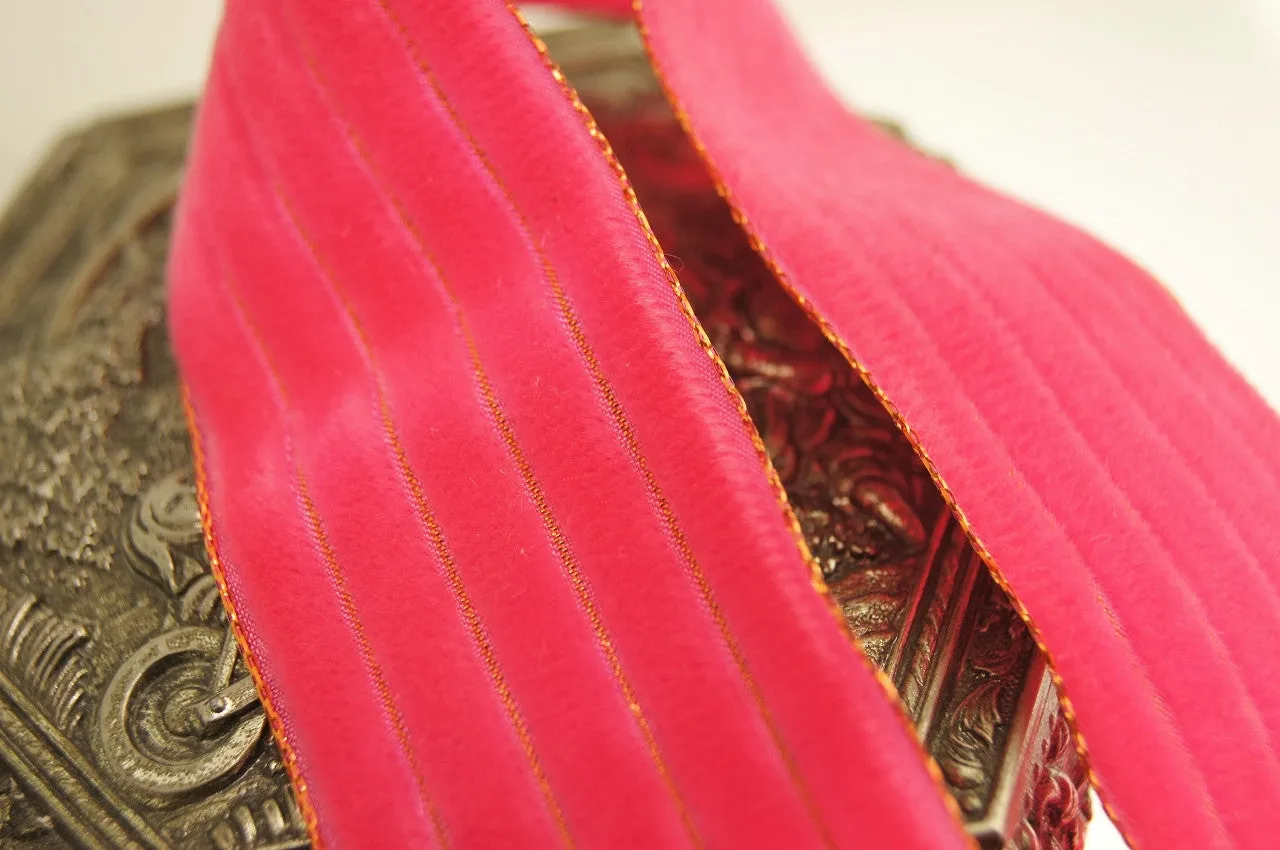 Metallic Gold Hot Pink Striped Velvet Ribbon Vintage from Switzerland 36mm