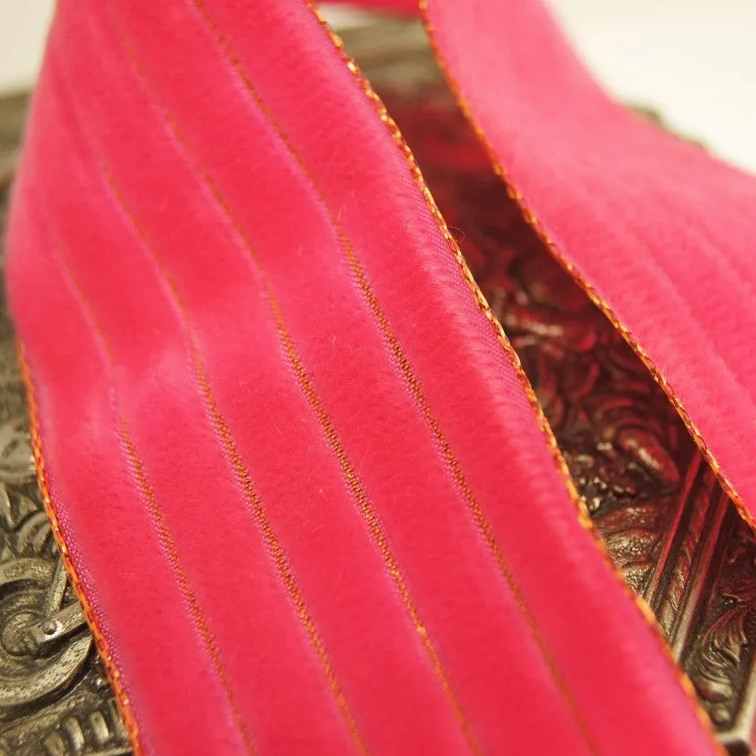 Metallic Gold Hot Pink Striped Velvet Ribbon Vintage from Switzerland 36mm