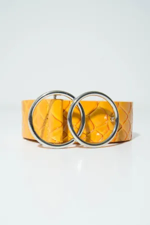 Mustard Faux Croc PU Double Circle Buckle Belt - Tansy