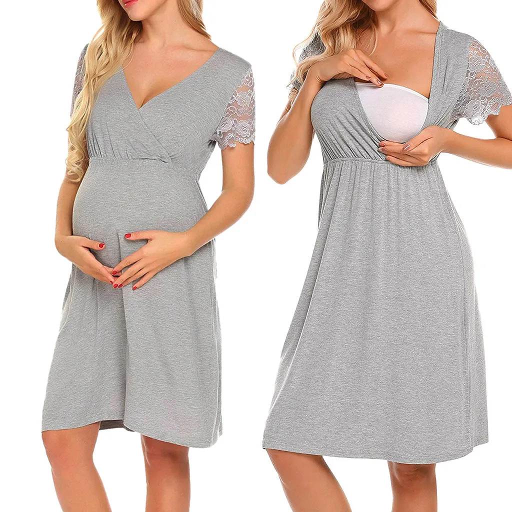 Nursing lace maternity dress / Deep V-neck empire waist