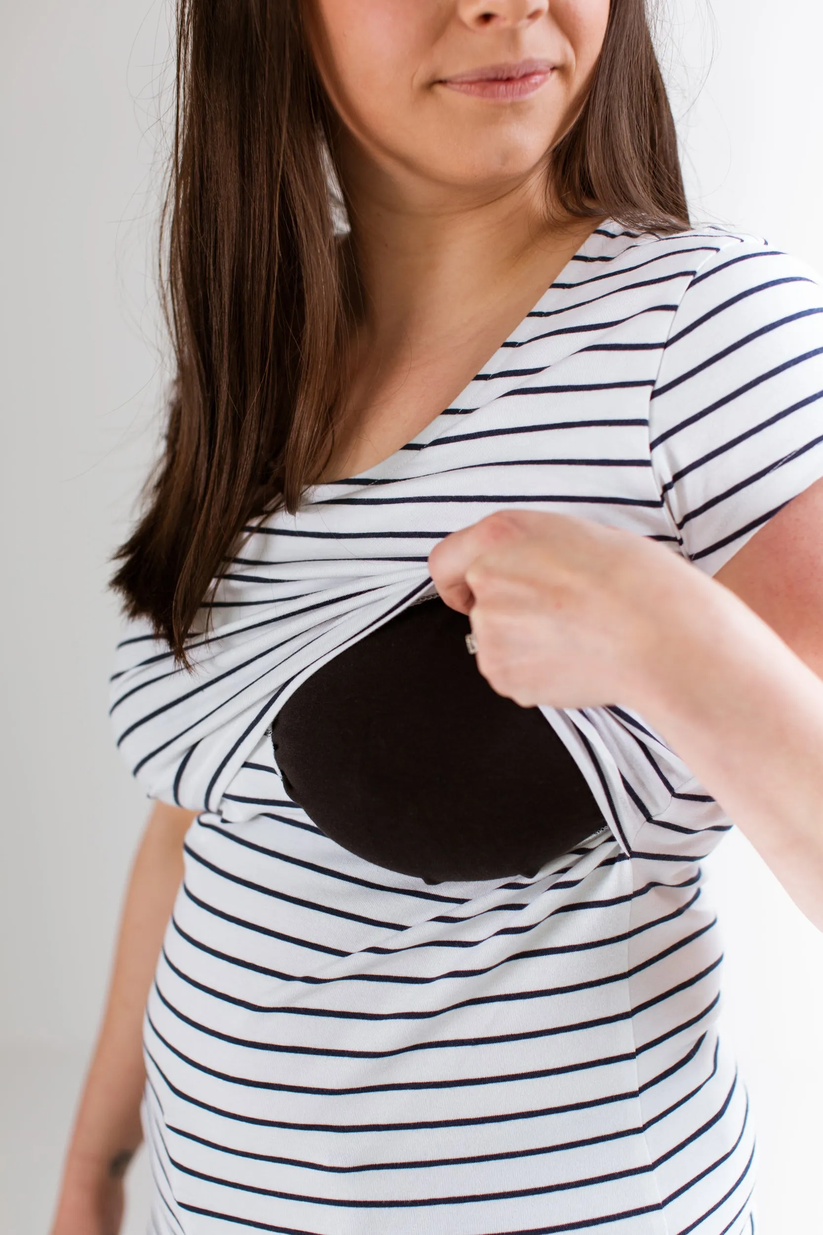 Nursing short sleeve t-shirt in White/Navy Stripes