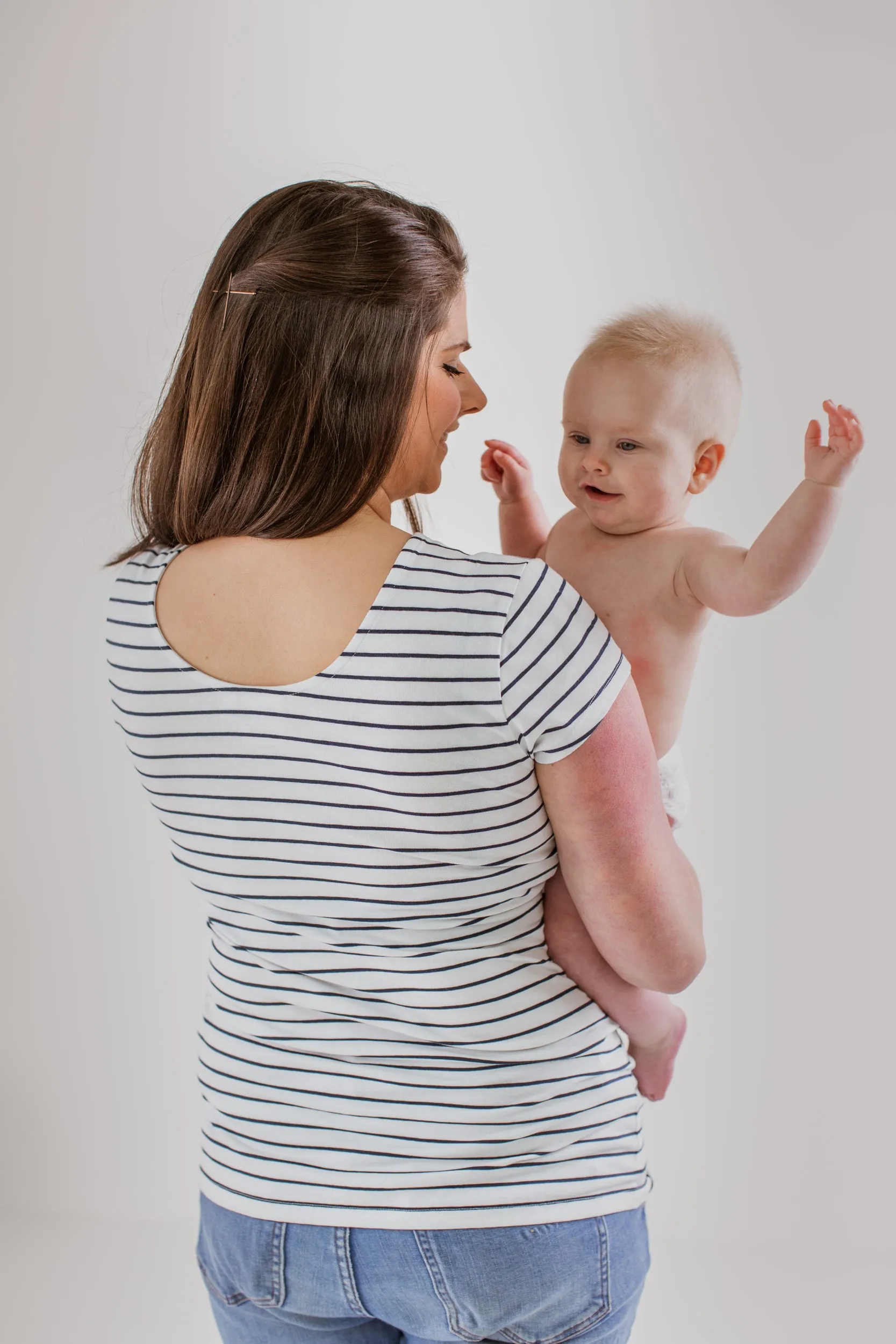Nursing short sleeve t-shirt in White/Navy Stripes
