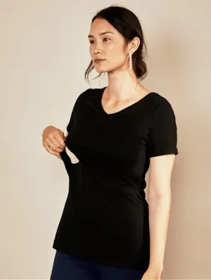 Nursing V Neck Cotton T-Shirt | Black