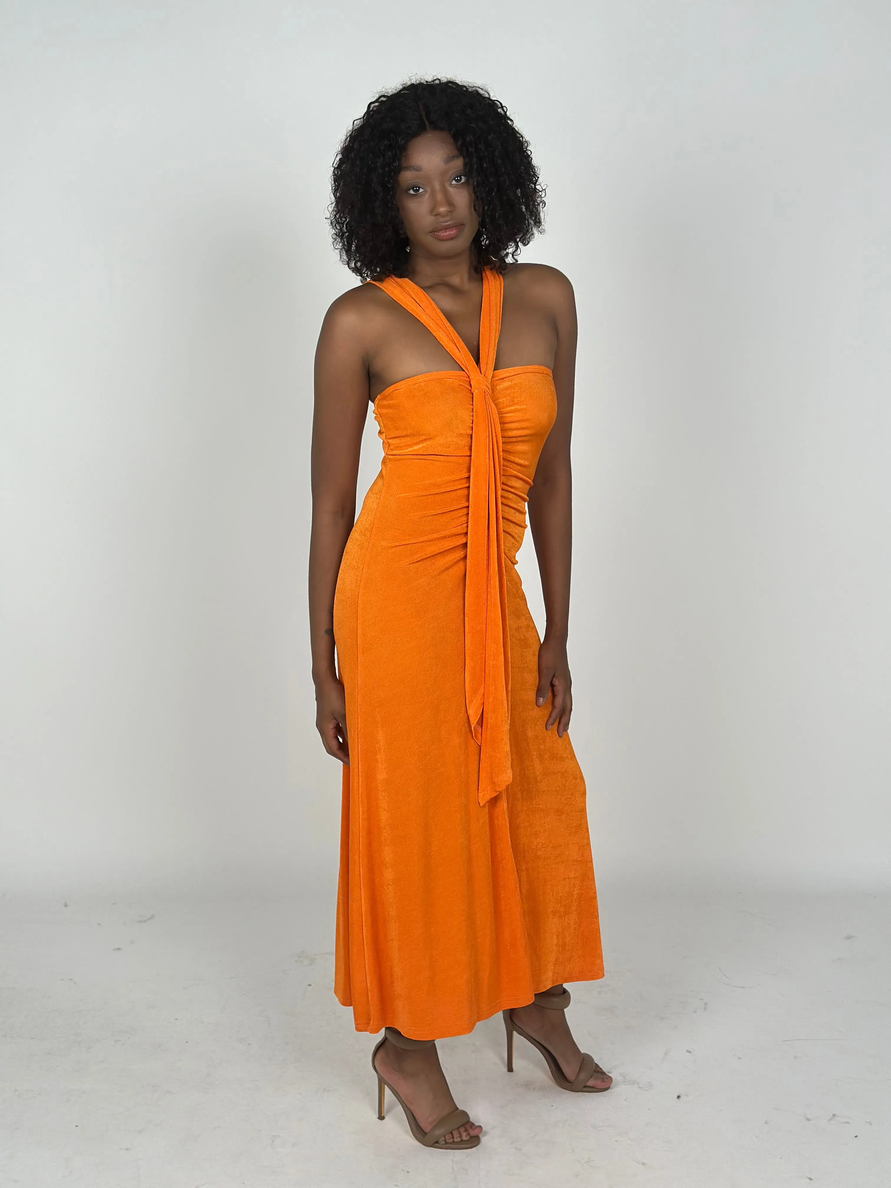 Orange Off Shoulder Sleeveless Midi Dress