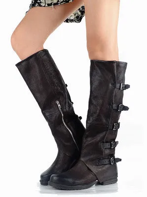 Original High Quality Genuine Leather Buckle Do Old Knee High Boots Solid Zipper Square Toe Warm Mid Heel Boots