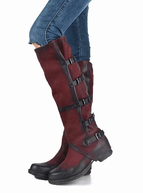 Original High Quality Genuine Leather Buckle Do Old Knee High Boots Solid Zipper Square Toe Warm Mid Heel Boots
