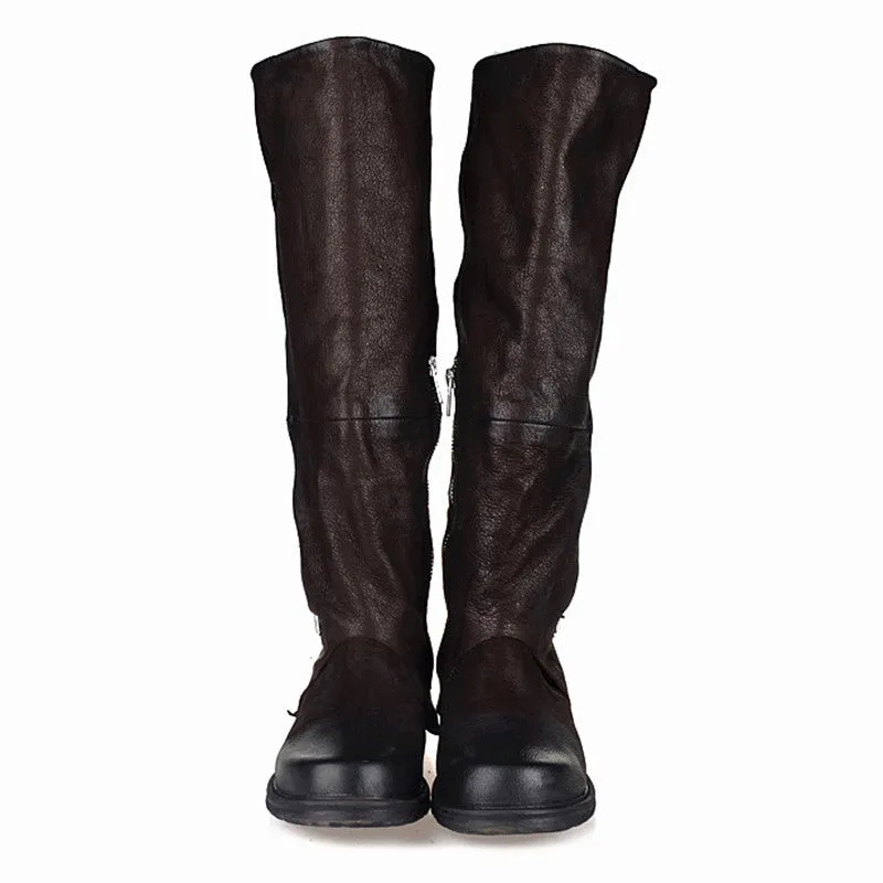 Original High Quality Genuine Leather Buckle Do Old Knee High Boots Solid Zipper Square Toe Warm Mid Heel Boots