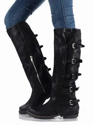 Original High Quality Genuine Leather Buckle Do Old Knee High Boots Solid Zipper Square Toe Warm Mid Heel Boots