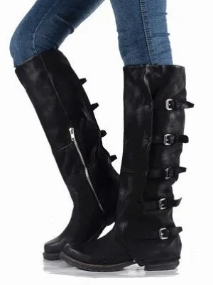 Original High Quality Genuine Leather Buckle Do Old Knee High Boots Solid Zipper Square Toe Warm Mid Heel Boots