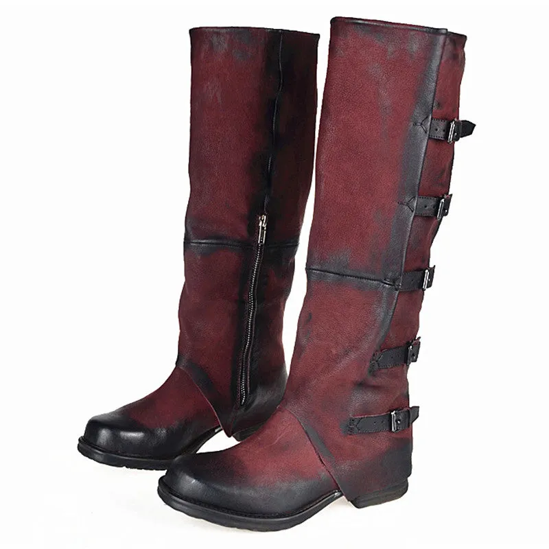 Original High Quality Genuine Leather Buckle Do Old Knee High Boots Solid Zipper Square Toe Warm Mid Heel Boots