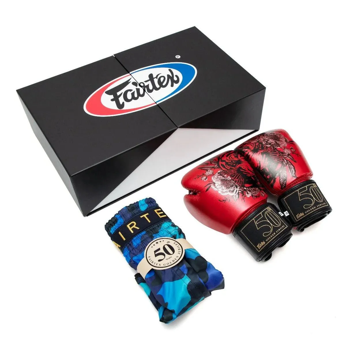 Pack Fairtex : Guantes de boxeo  Short de Muay Thai Golden Jubilee