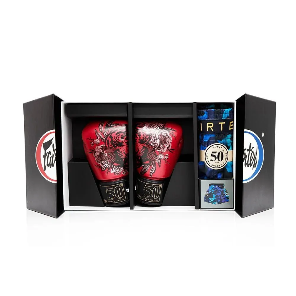 Pack Fairtex : Guantes de boxeo  Short de Muay Thai Golden Jubilee