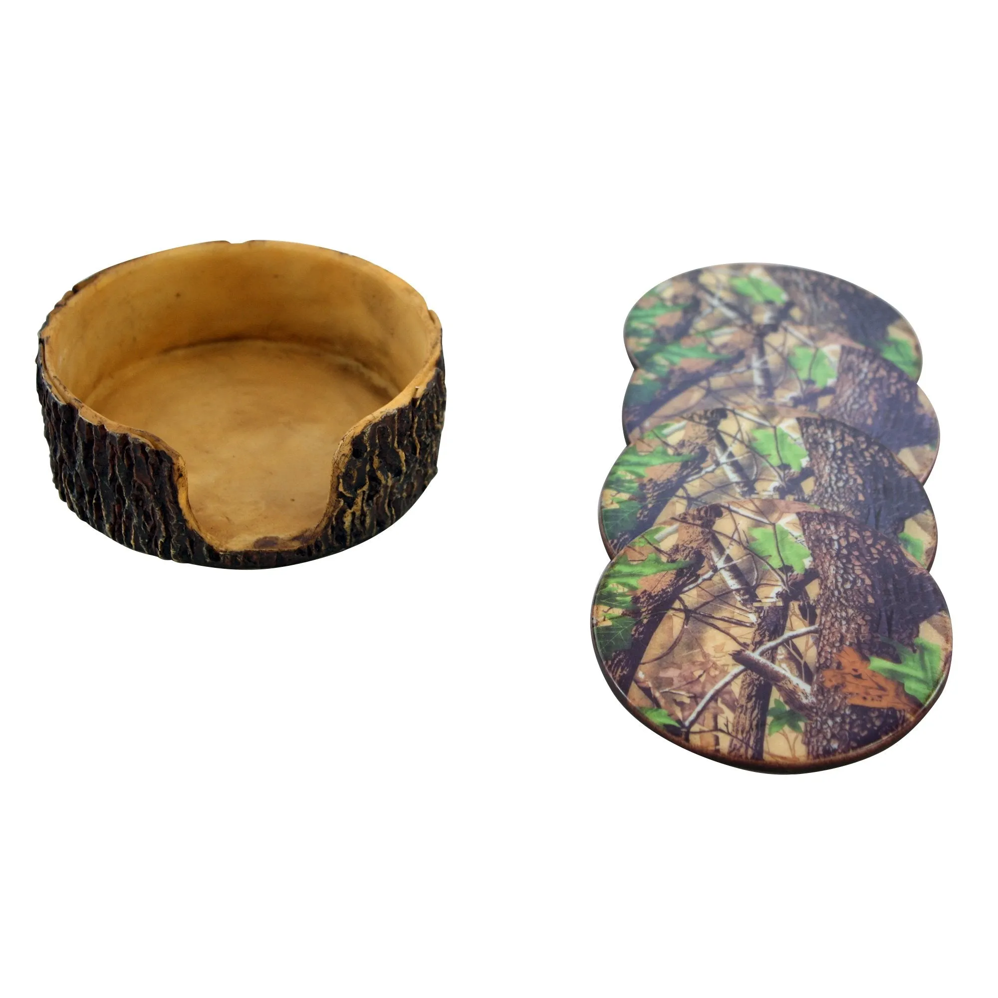 Pine Ridge Green Camouflage 4pc Coaster Set and Tree Trunk Holder Drink Coasters with Base for the Man Cave Decor Hunting Cabin Dining Furniture Gun Shop Décor