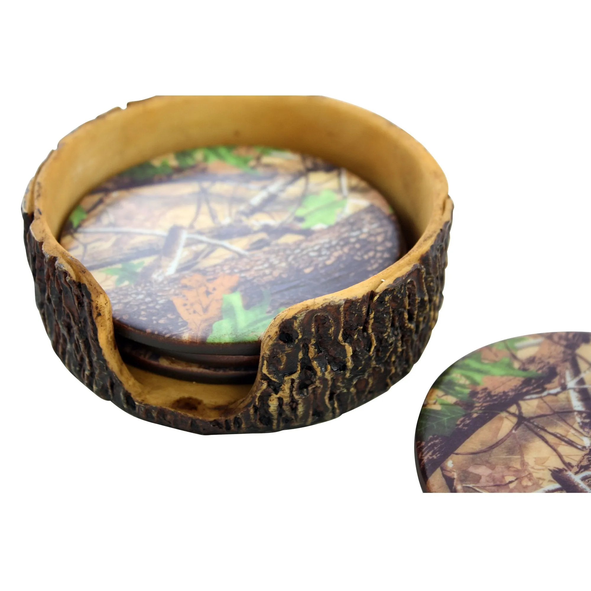 Pine Ridge Green Camouflage 4pc Coaster Set and Tree Trunk Holder Drink Coasters with Base for the Man Cave Decor Hunting Cabin Dining Furniture Gun Shop Décor
