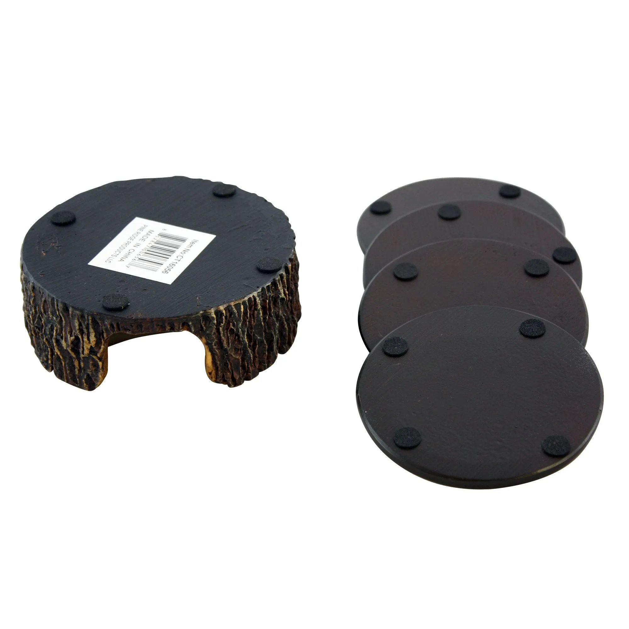 Pine Ridge Green Camouflage 4pc Coaster Set and Tree Trunk Holder Drink Coasters with Base for the Man Cave Decor Hunting Cabin Dining Furniture Gun Shop Décor