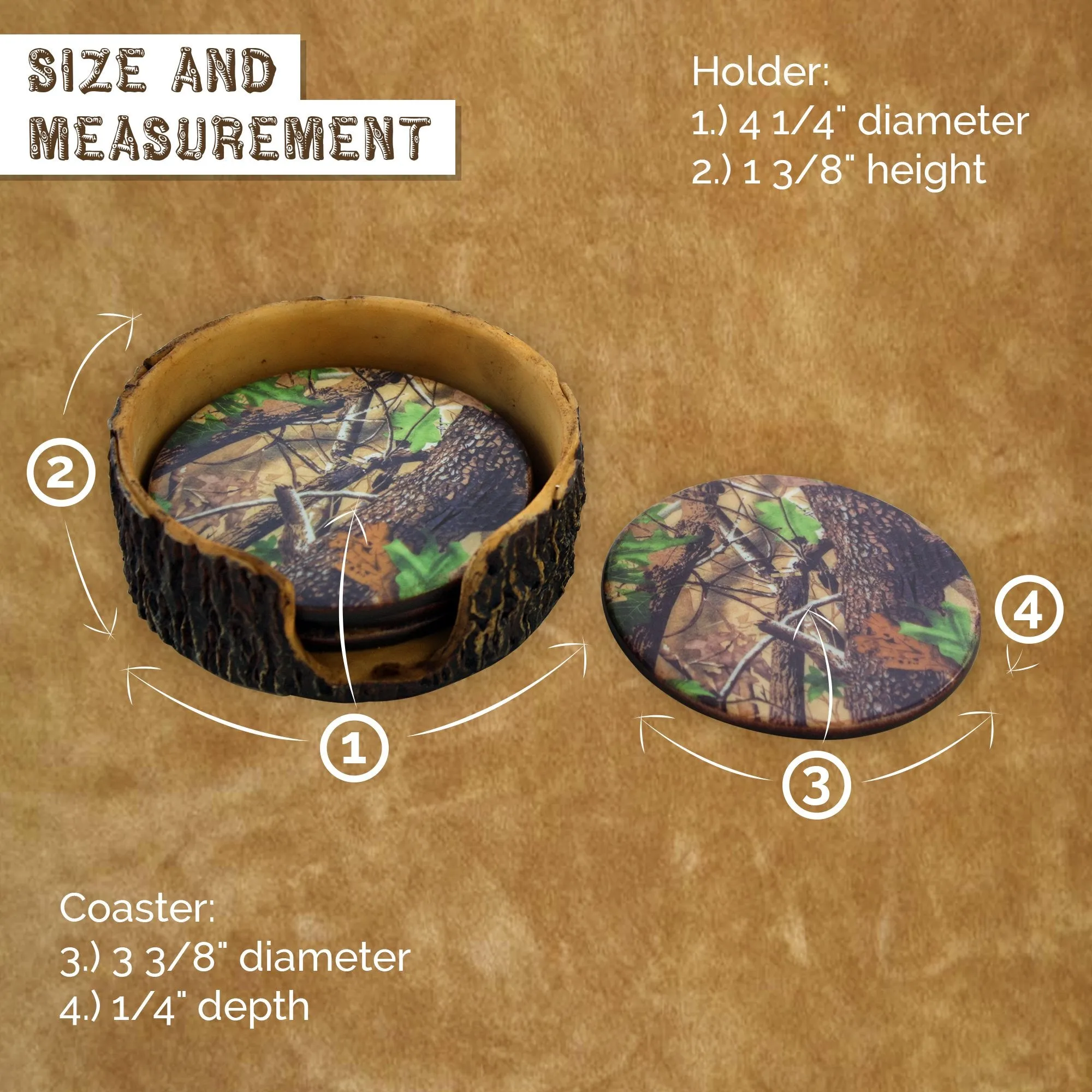 Pine Ridge Green Camouflage 4pc Coaster Set and Tree Trunk Holder Drink Coasters with Base for the Man Cave Decor Hunting Cabin Dining Furniture Gun Shop Décor