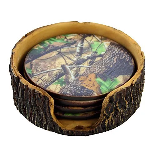 Pine Ridge Green Camouflage 4pc Coaster Set and Tree Trunk Holder Drink Coasters with Base for the Man Cave Decor Hunting Cabin Dining Furniture Gun Shop Décor