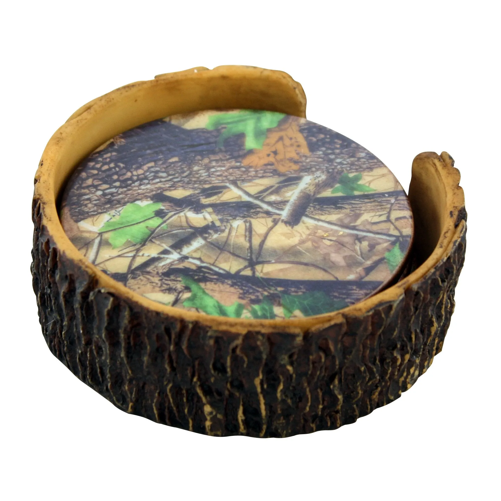 Pine Ridge Green Camouflage 4pc Coaster Set and Tree Trunk Holder Drink Coasters with Base for the Man Cave Decor Hunting Cabin Dining Furniture Gun Shop Décor