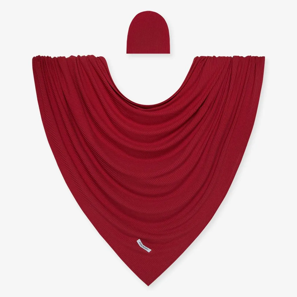 Posh Peanut Dark Red Ribbed Infant Swaddle and Beanie Set